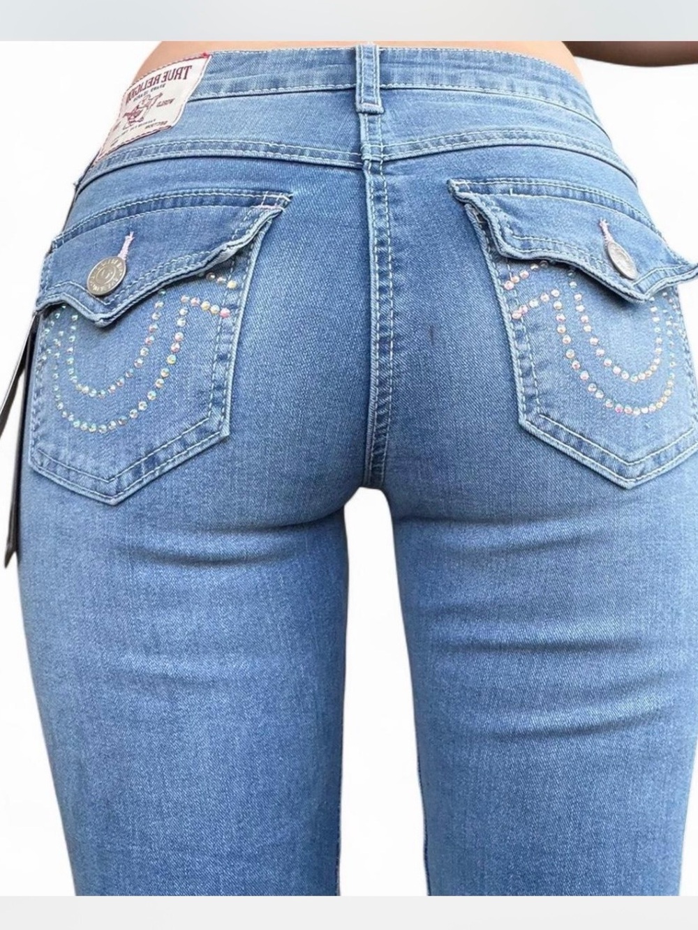 True Religion Light Blue Rhinestone Pocket Skinny Jeans
